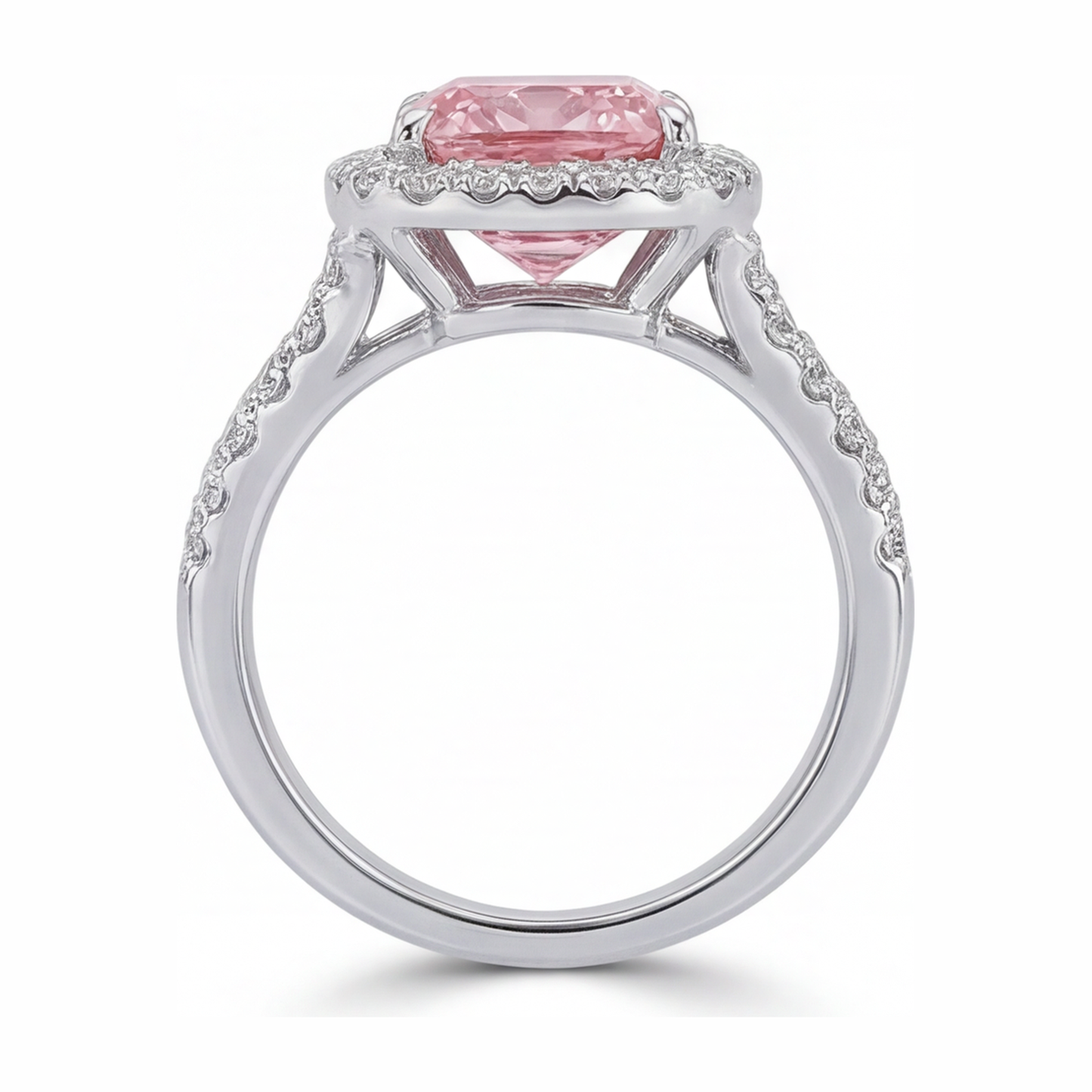 4.5 Carat Cushion Pink Lab Grown Diamond and White Diamond Halo Ring 14K White Gold