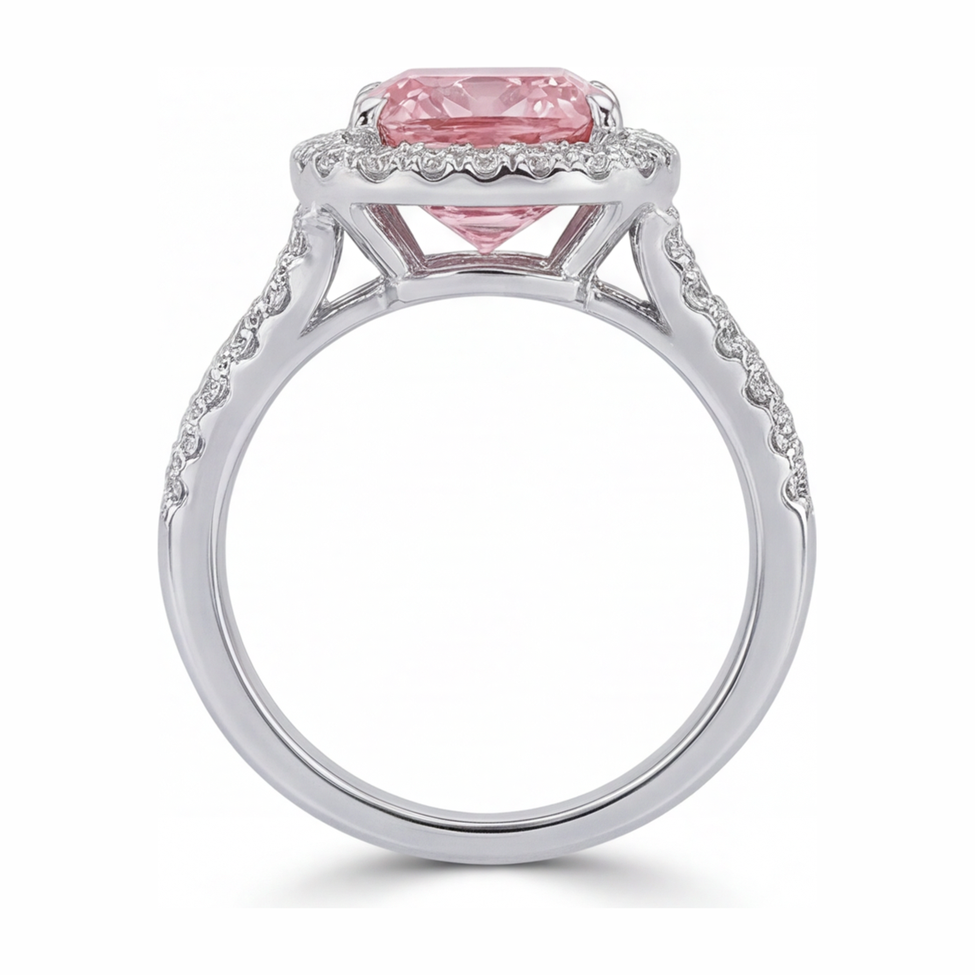 4.5 Carat Cushion Pink Lab Grown Diamond and White Diamond Halo Ring 14K White Gold