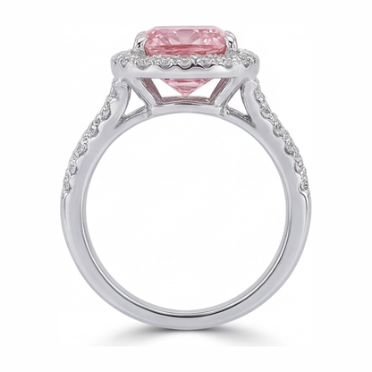 4.5 Carat Cushion Pink Lab Grown Diamond and White Diamond Halo Ring 14K White Gold