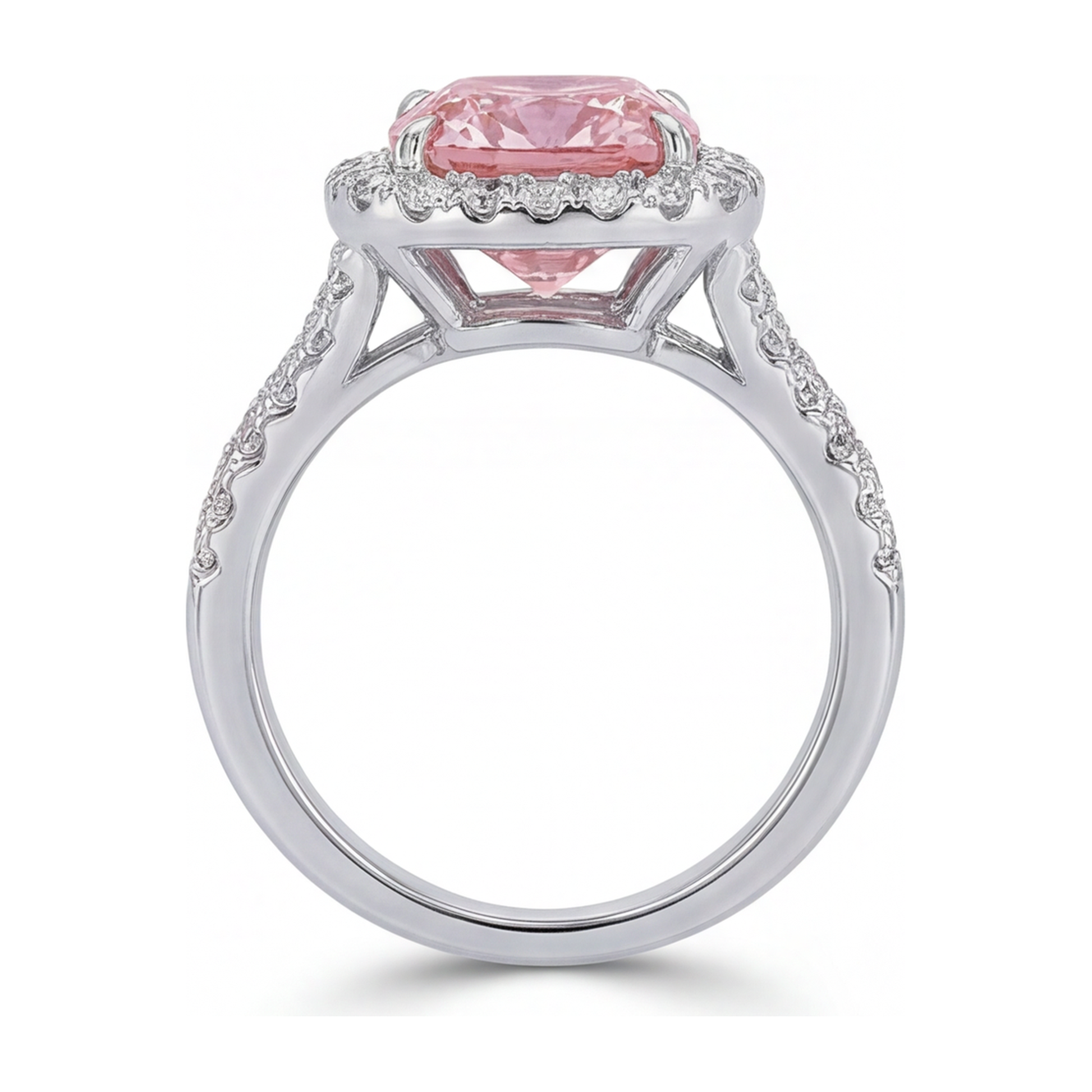 4.5 Carat Cushion Pink Lab Grown Diamond and White Diamond Halo Ring 14K White Gold