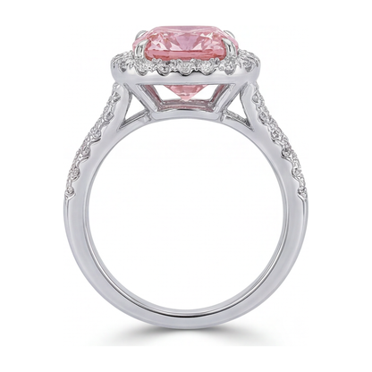 4.5 Carat Cushion Pink Lab Grown Diamond and White Diamond Halo Ring 14K White Gold