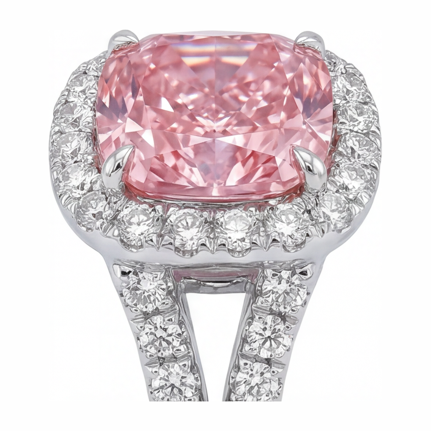 4.5 Carat Cushion Pink Lab Grown Diamond and White Diamond Halo Ring 14K White Gold