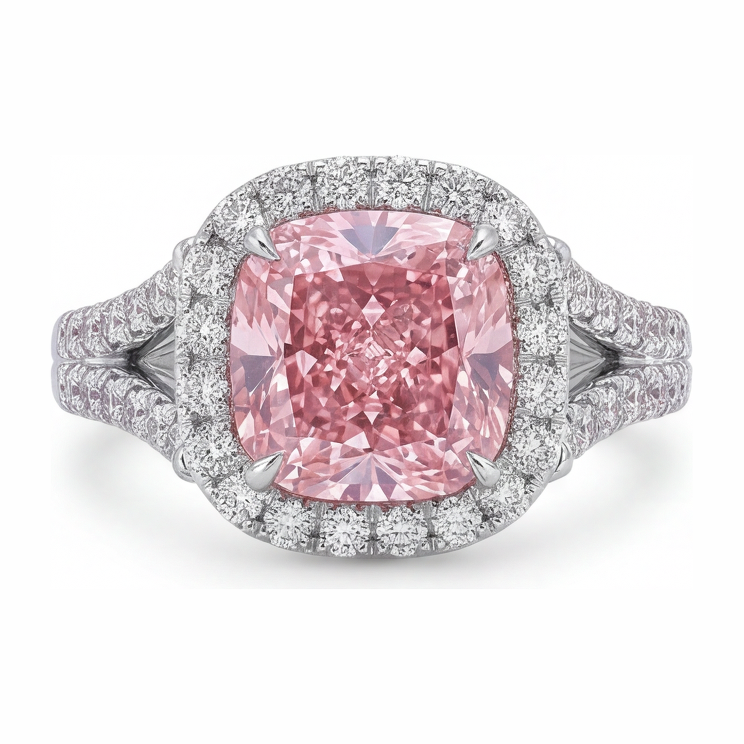 4.5 Carat Cushion Pink Lab Grown Diamond and White Diamond Halo Ring 14K White Gold