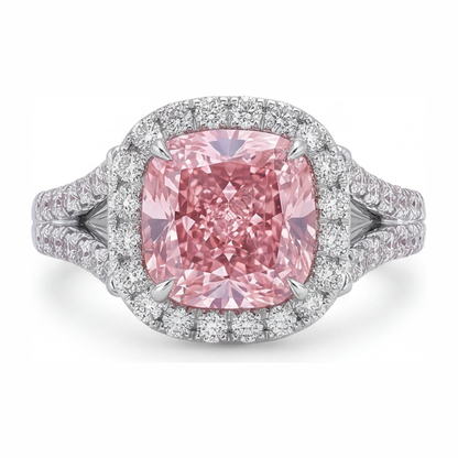 4.5 Carat Cushion Pink Lab Grown Diamond and White Diamond Halo Ring 14K White Gold