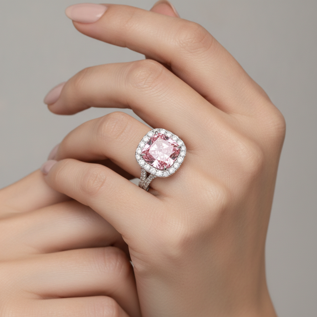 4.5 Carat Cushion Pink Lab Grown Diamond and White Diamond Halo Ring 14K White Gold worn