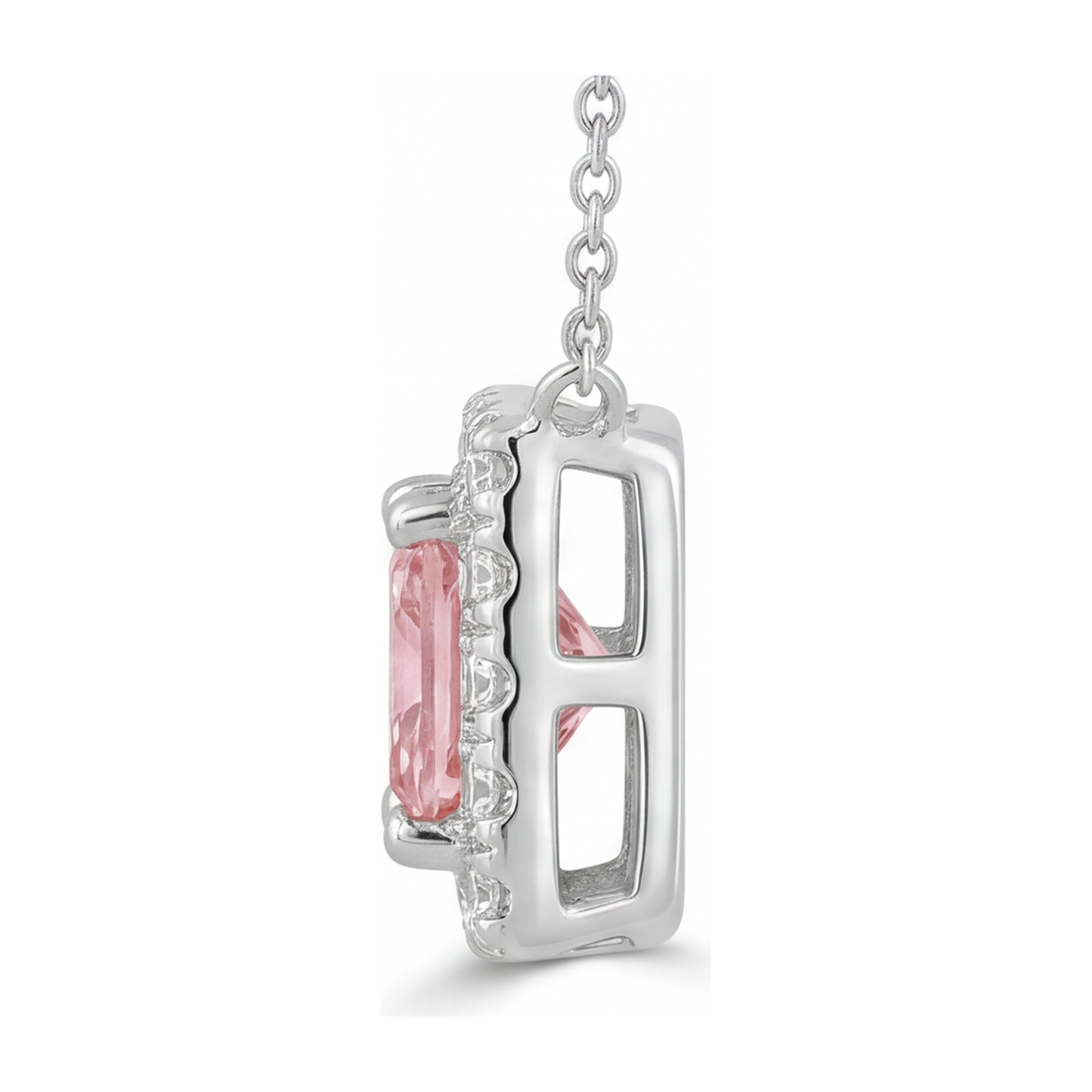 4.5 Carat Radiant Pink Lab Grown Diamond and White Diamond Halo Pendant 14K White Gold