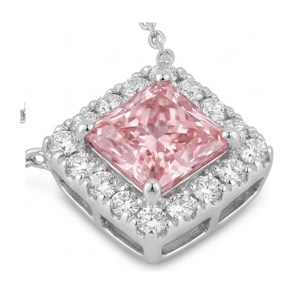 4.5 Carat Radiant Pink Lab Grown Diamond and White Diamond Halo Pendant 14K White Gold