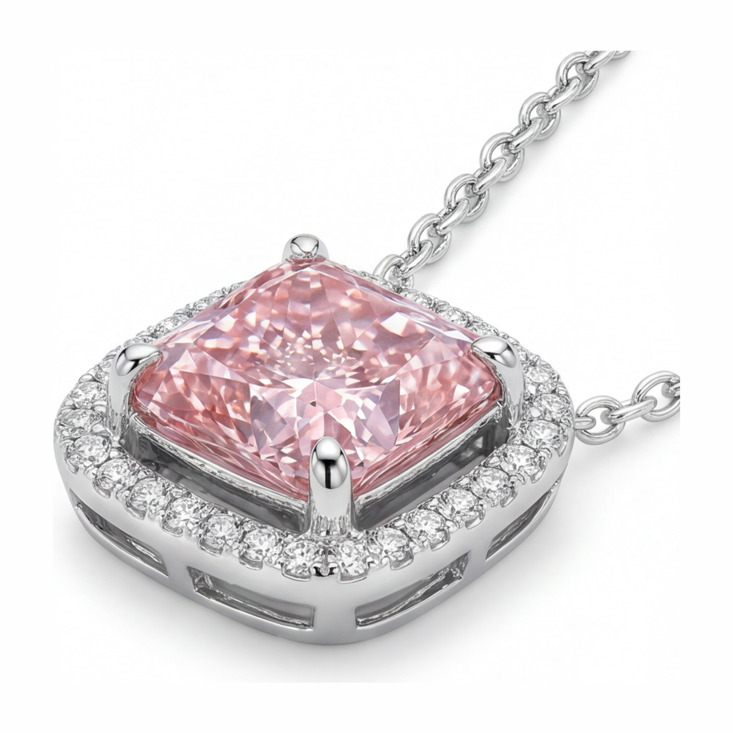 4.5 Carat Radiant Pink Lab Grown Diamond and White Diamond Halo Pendant 14K White Gold