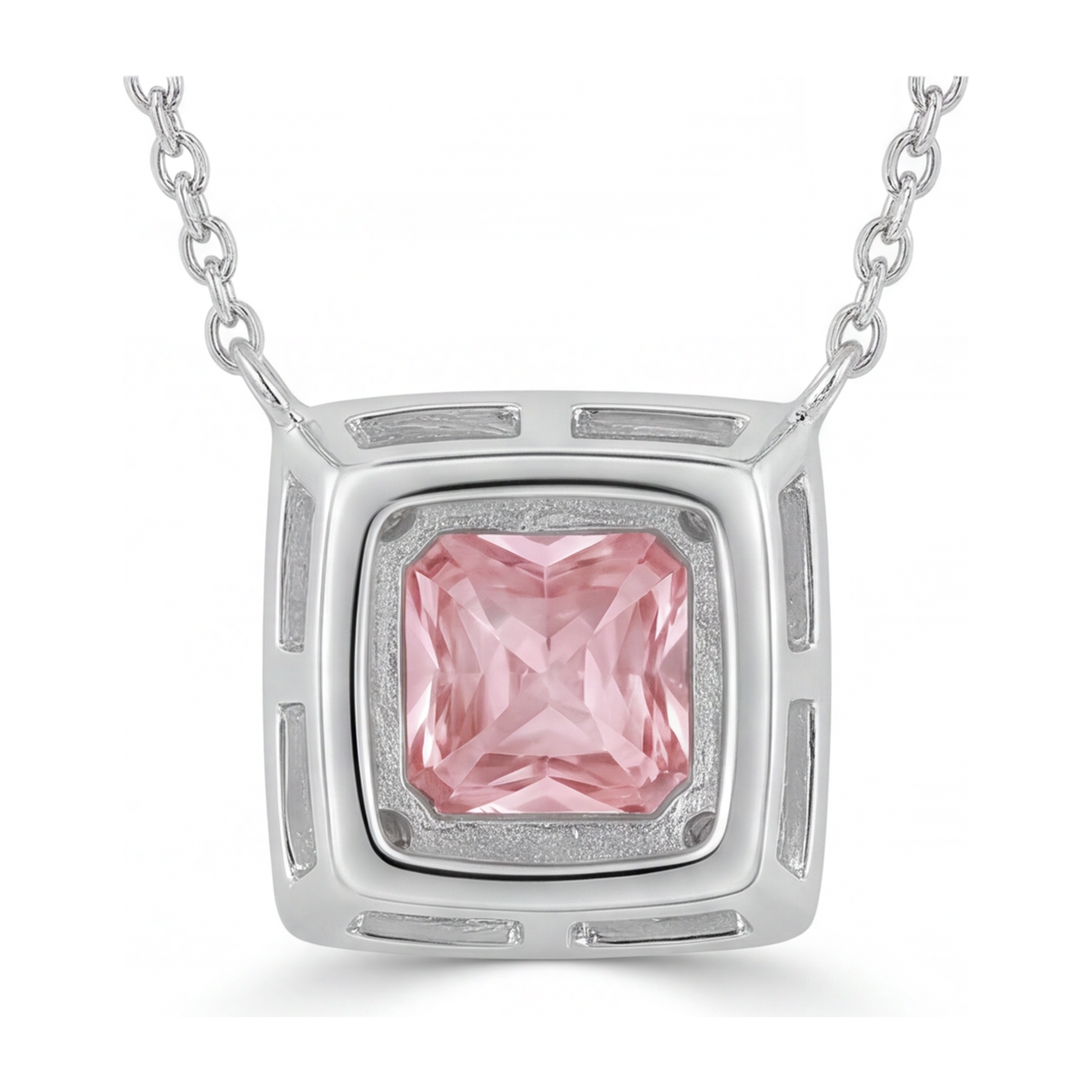 4.5 Carat Radiant Pink Lab Grown Diamond and White Diamond Halo Pendant 14K White Gold
