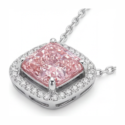 4.5 Carat Radiant Pink Lab Grown Diamond and White Diamond Halo Pendant 14K White Gold