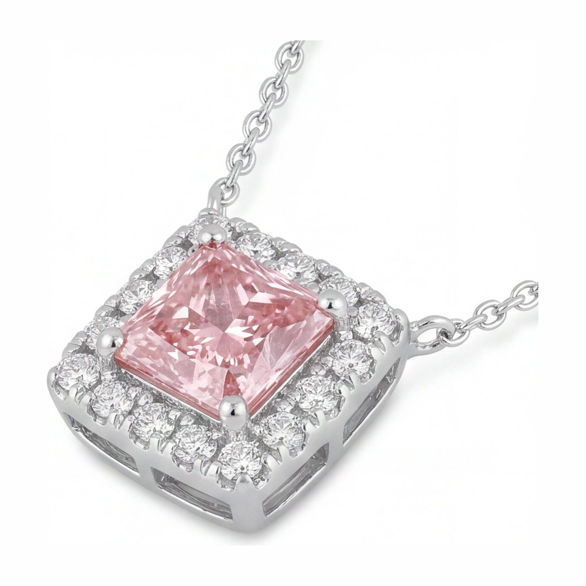 4.5 Carat Radiant Pink Lab Grown Diamond and White Diamond Halo Pendant 14K White Gold