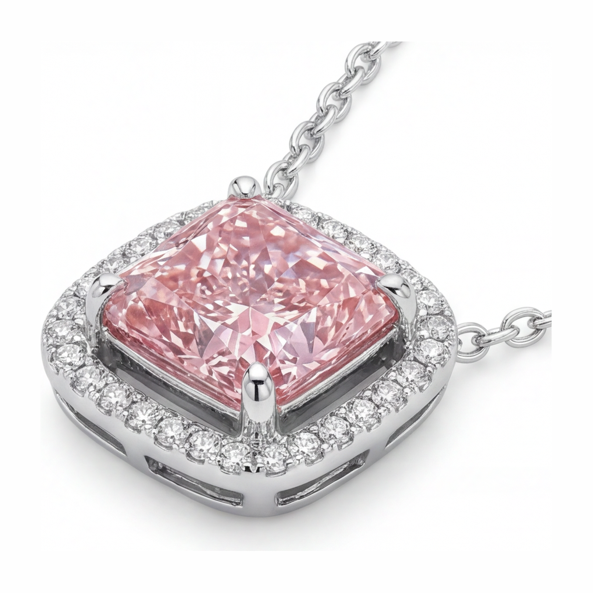 4.5 Carat Radiant Pink Lab Grown Diamond and White Diamond Halo Pendant 14K White Gold