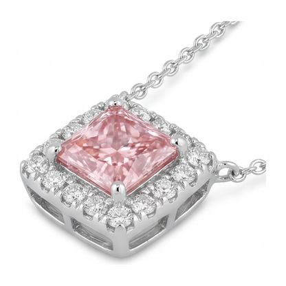 4.5 Carat Radiant Pink Lab Grown Diamond and White Diamond Halo Pendant 14K White Gold