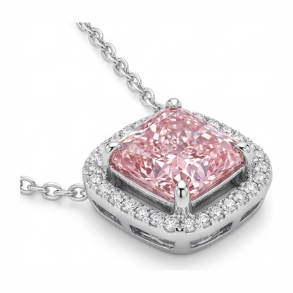 4.5 Carat Radiant Pink Lab Grown Diamond and White Diamond Halo Pendant 14K White Gold