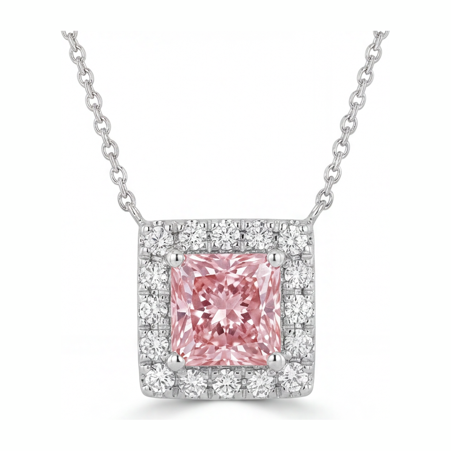 4.5 Carat Radiant Pink Lab Grown Diamond and White Diamond Halo Pendant 14K White Gold