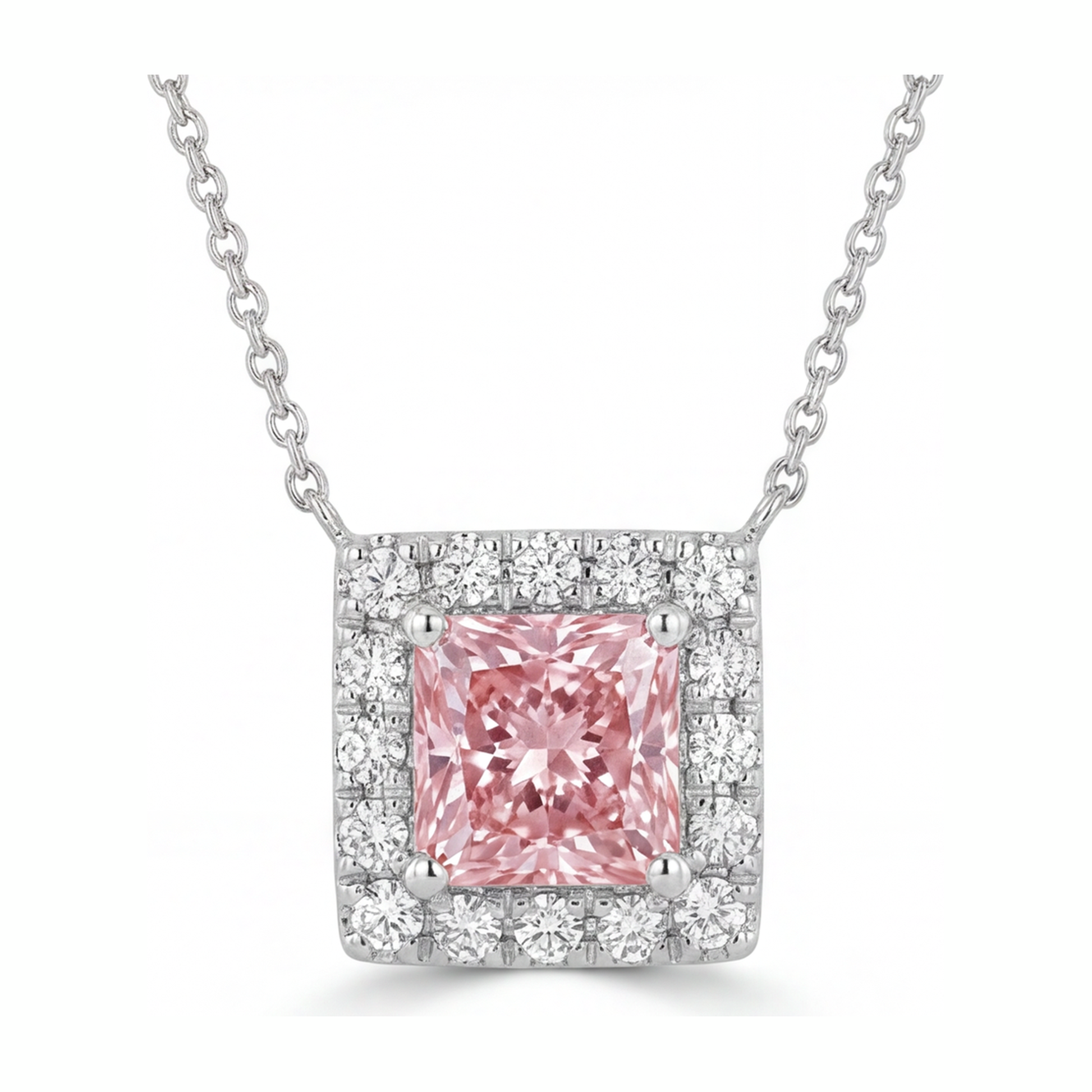 4.5 Carat Radiant Pink Lab Grown Diamond and White Diamond Halo Pendant 14K White Gold