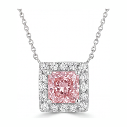 4.5 Carat Radiant Pink Lab Grown Diamond and White Diamond Halo Pendant 14K White Gold
