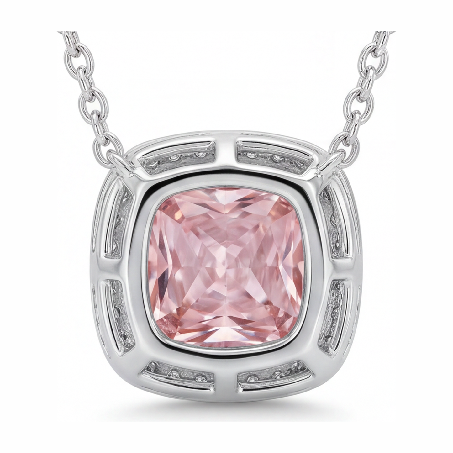4.5 Carat Radiant Pink Lab Grown Diamond and White Diamond Halo Pendant 14K White Gold