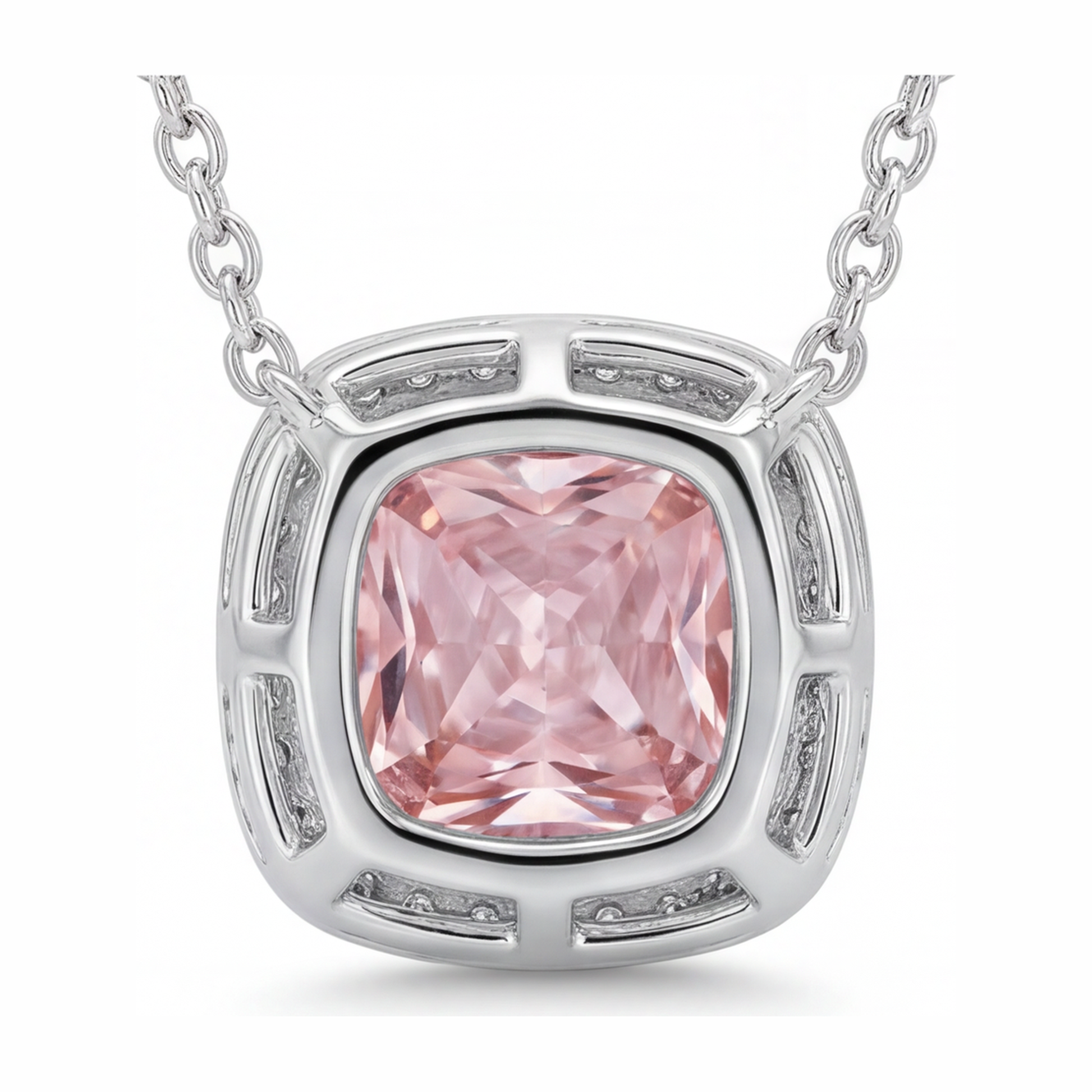 4.5 Carat Radiant Pink Lab Grown Diamond and White Diamond Halo Pendant 14K White Gold