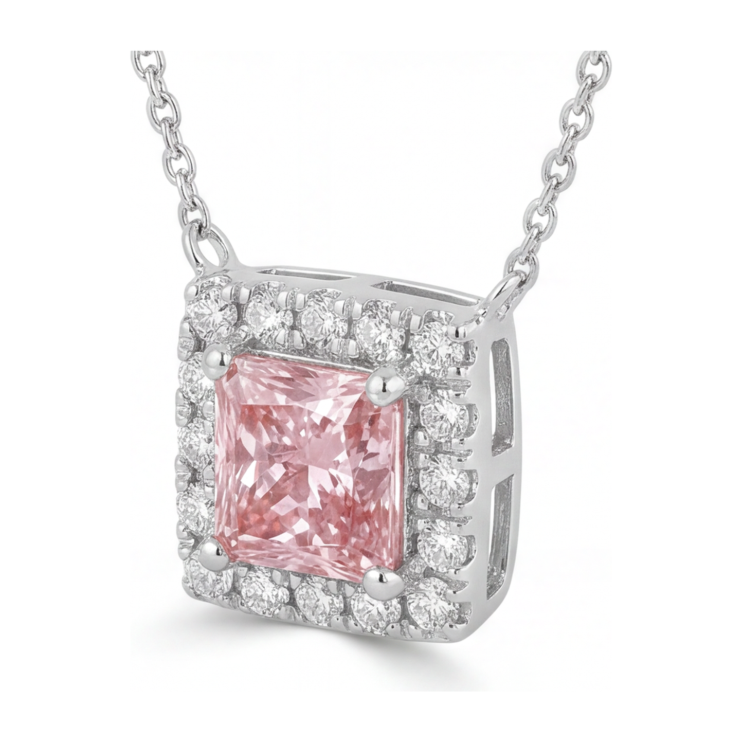 4.5 Carat Radiant Pink Lab Grown Diamond and White Diamond Halo Pendant 14K White Gold