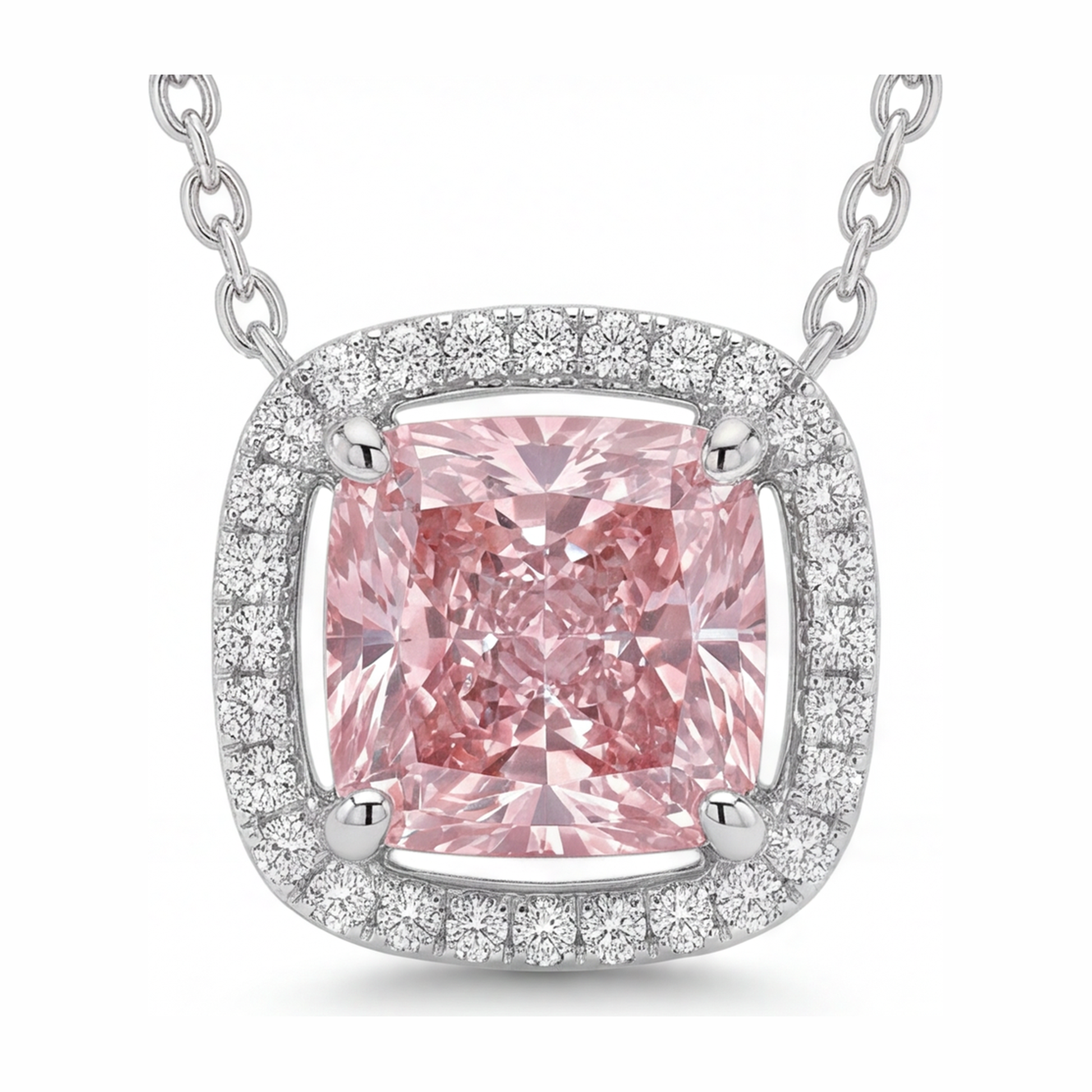 4.5 Carat Radiant Pink Lab Grown Diamond and White Diamond Halo Pendant 14K White Gold