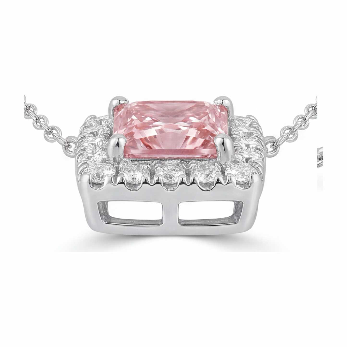 4.5 Carat Radiant Pink Lab Grown Diamond and White Diamond Halo Pendant 14K White Gold
