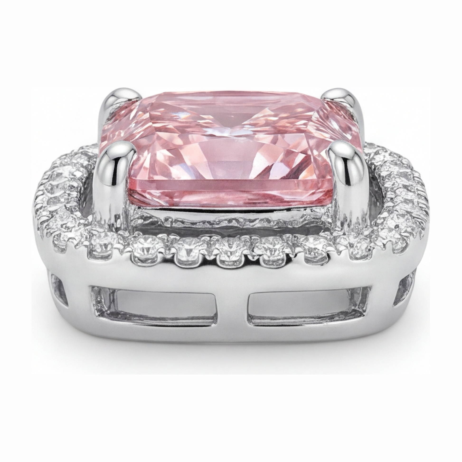 4.5 Carat Radiant Pink Lab Grown Diamond and White Diamond Halo Pendant 14K White Gold