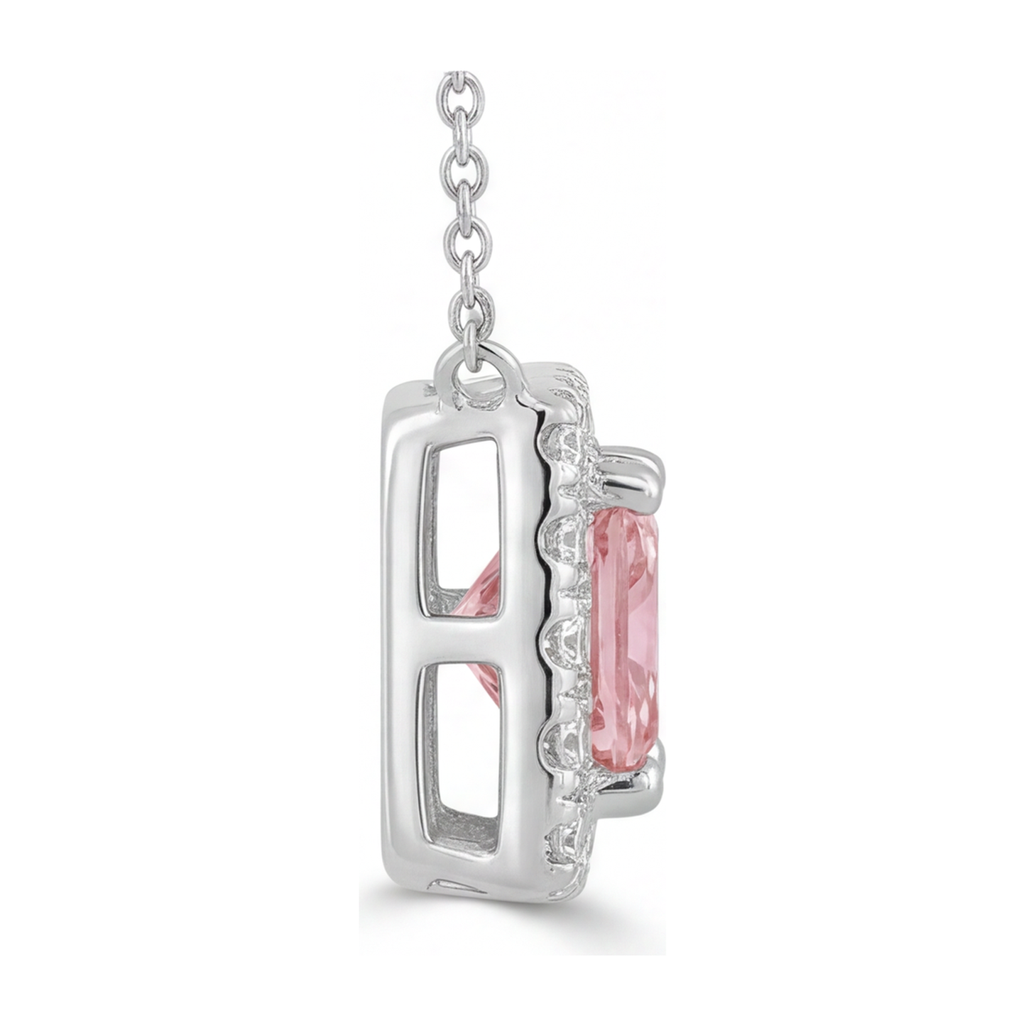 4.5 Carat Radiant Pink Lab Grown Diamond and White Diamond Halo Pendant 14K White Gold