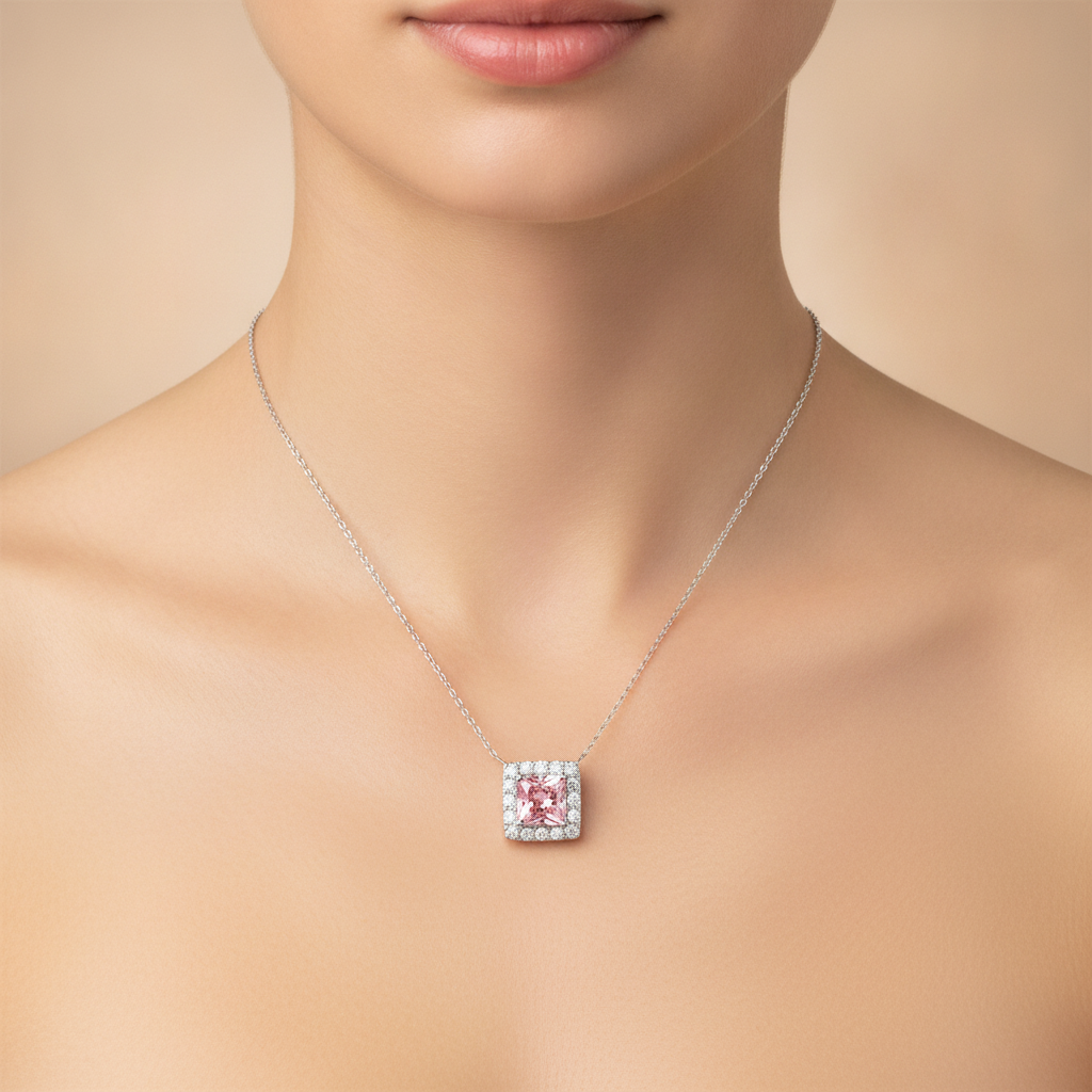 4.5 Carat Radiant Pink Lab Grown Diamond and White Diamond Halo Pendant 14K White Gold worn