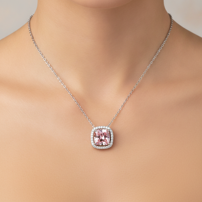 4.5 Carat Radiant Pink Lab Grown Diamond and White Diamond Halo Pendant 14K White Gold worn
