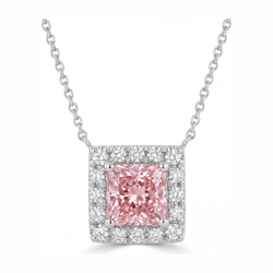 4.5 Carat Radiant Pink Lab Grown Diamond and White Diamond Halo Pendant 14K White Gold