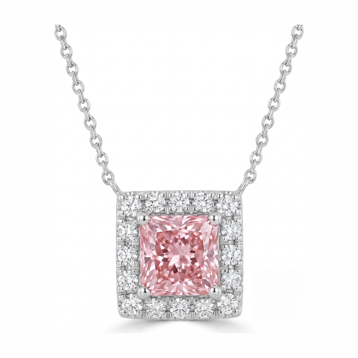 4.5 Carat Radiant Pink Lab Grown Diamond and White Diamond Halo Pendant 14K White Gold