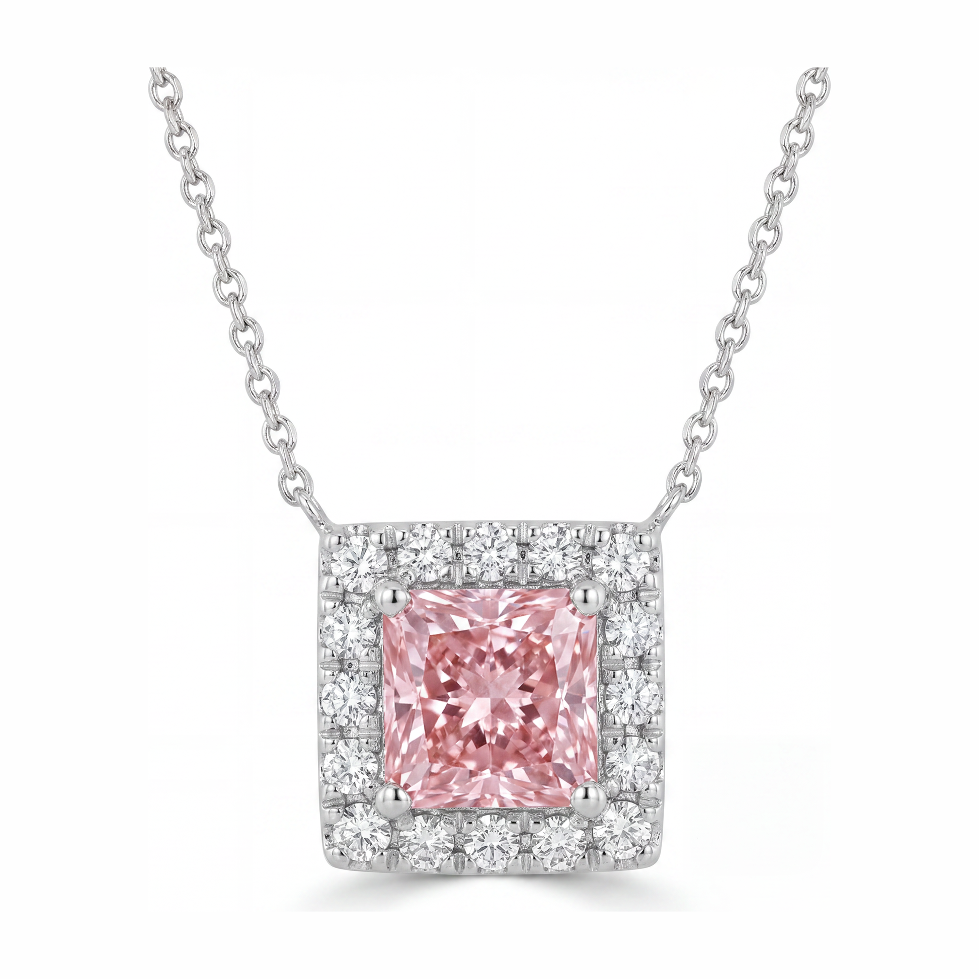 4.5 Carat Radiant Pink Lab Grown Diamond and White Diamond Halo Pendant 14K White Gold