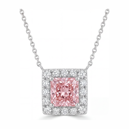 4.5 Carat Radiant Pink Lab Grown Diamond and White Diamond Halo Pendant 14K White Gold