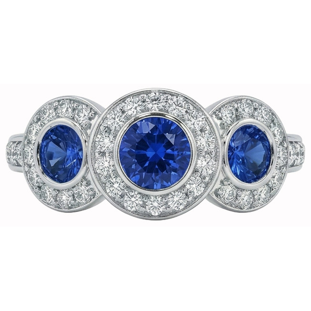 4.50 Carats Ceylon Sapphire Natural Earth Mined Diamonds White Gold 3 Stone Style Ring
