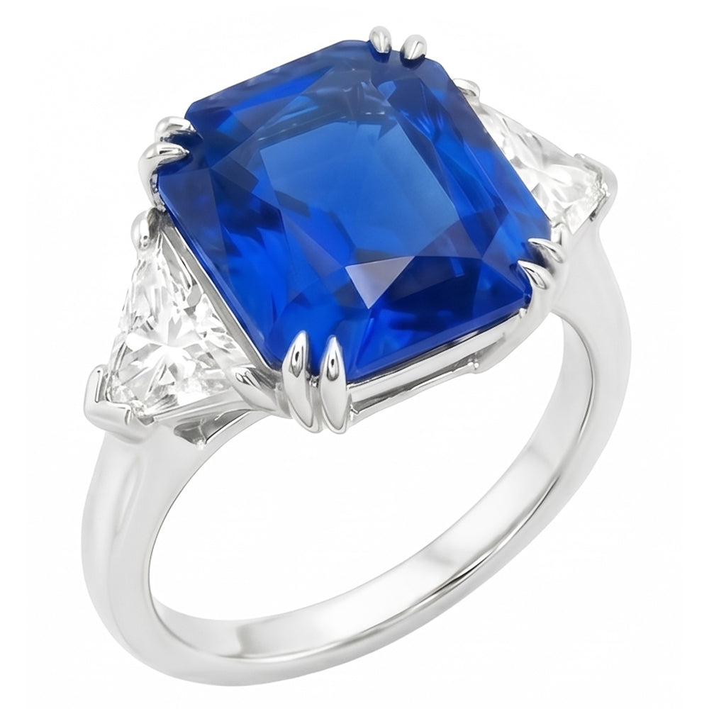 4.50 Carats Radiant 3 Stone Ring Blue Sapphire & Trillion Natural Earth Mined Diamonds