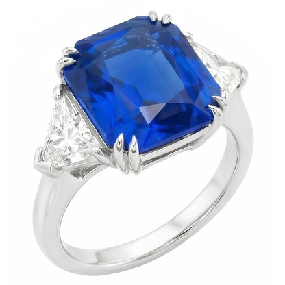4.50 Carats Radiant 3 Stone Ring Blue Sapphire & Trillion Natural Earth Mined Diamonds