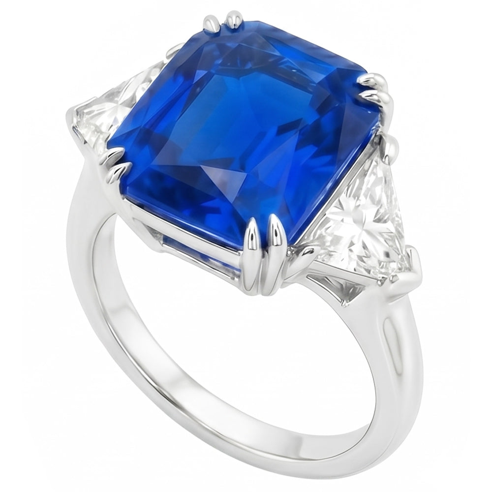 4.50 Carats Radiant 3 Stone Ring Blue Sapphire & Trillion Natural Earth Mined Diamonds