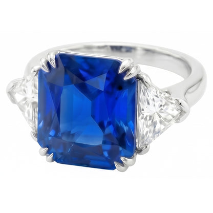 4.50 Carats Radiant 3 Stone Ring Blue Sapphire & Trillion Natural Earth Mined Diamonds