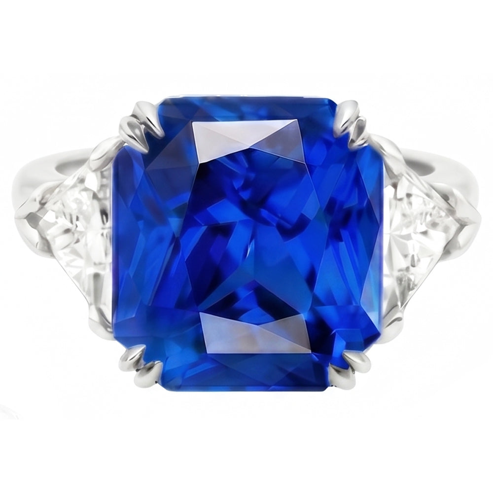 4.50 Carats Radiant 3 Stone Ring Blue Sapphire & Trillion Natural Earth Mined Diamonds