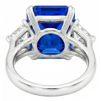4.50 Carats Radiant 3 Stone Ring Blue Sapphire & Trillion Natural Earth Mined Diamonds