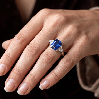 4.50 Carats Radiant 3 Stone Ring Blue Sapphire & Trillion Natural Earth Mined Diamonds