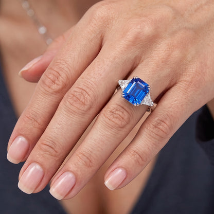 4.50 Carats Radiant 3 Stone Ring Blue Sapphire & Trillion Natural Earth Mined Diamonds
