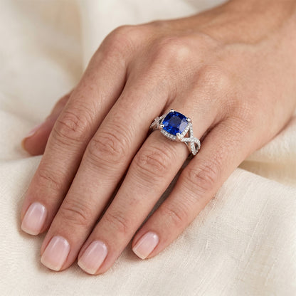 4.50 Carats Sri Lankan Sapphire With Natural Earth Mined Diamonds Ring White Gold 14K