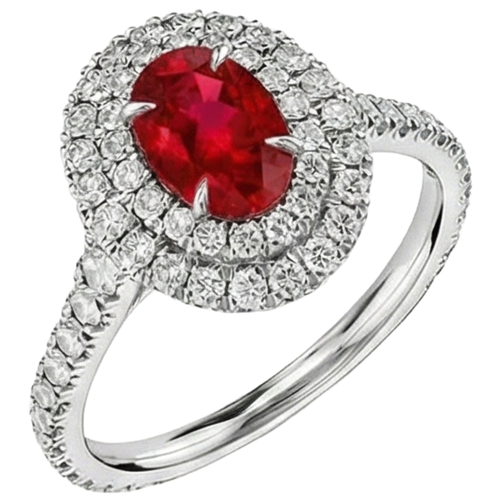 4.50 Ct Double Halo Ruby And Natural Earth Mined Diamonds Ring Gold White 14K