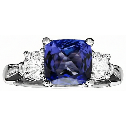 4.51 Carat Cushion Tanzanite & Round Natural Earth Mined Diamonds Three Stone Ring White Gold 14K