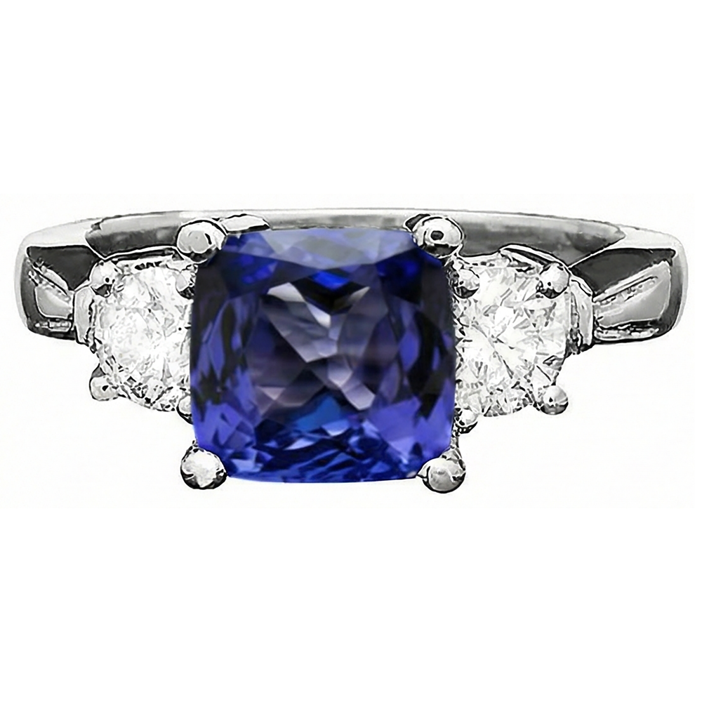 4.51 Carat Cushion Tanzanite & Round Natural Earth Mined Diamonds Three Stone Ring White Gold 14K