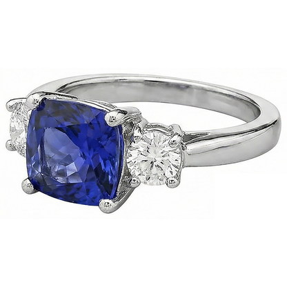 4.51 Carat Cushion Tanzanite & Round Natural Earth Mined Diamonds Three Stone Ring White Gold 14K