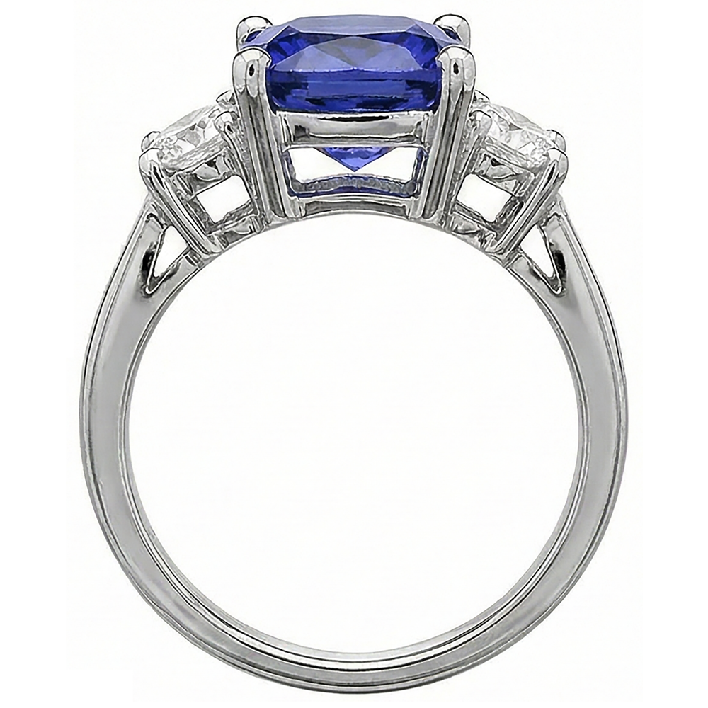 4.51 Carat Cushion Tanzanite & Round Natural Earth Mined Diamonds Three Stone Ring White Gold 14K