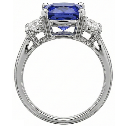 4.51 Carat Cushion Tanzanite & Round Natural Earth Mined Diamonds Three Stone Ring White Gold 14K